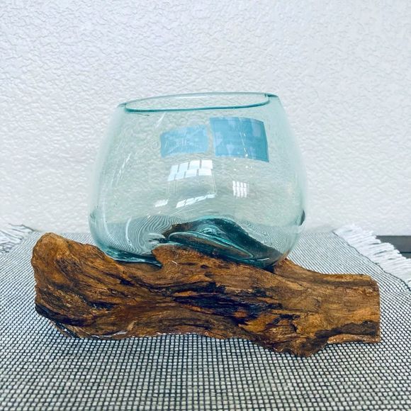 Hand Crafted Accents Nwt Hand Blown Molten Glass Bowl Wood Base